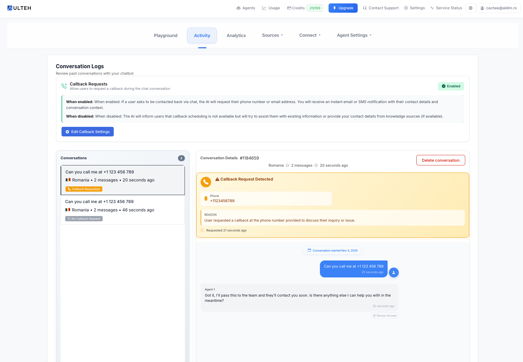 Übersicht der Registerkarte 'Aktivität'